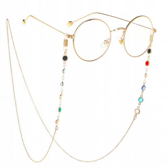 Damski łańcuszek na okulary ozdobny złoty w kolorowe brylanciki SLA-04