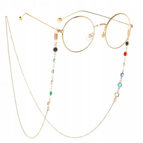 Damski łańcuszek na okulary ozdobny złoty w kolorowe brylanciki SLA-04