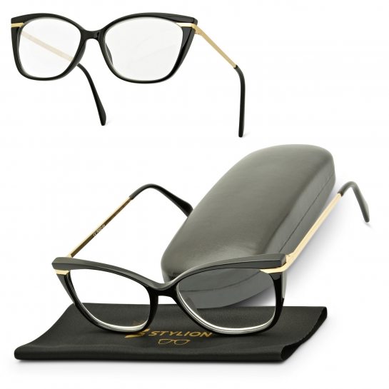 Plusy +1.50 damskie okulary do czytania korekcyjne Kocie Oczy ST327 czarno-złote