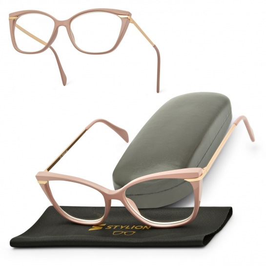 Plusy +1.50 damskie okulary do czytania korekcyjne Kocie Oczy ST327A pudrowy róż + złoto