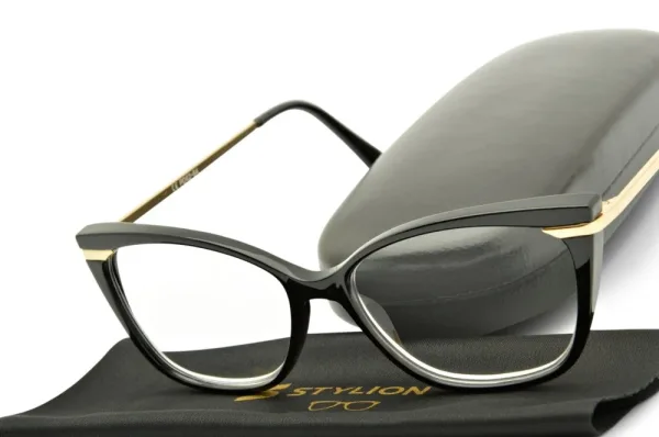 Plusy +2.00 damskie okulary do czytania ZE SKAZĄ! korekcyjne Kocie Oczy ST327 czarno-złote