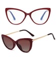 Bordowe damskie kocie okulary do komputera z nakładką przeciwsłoneczną Clip-on 2593-4