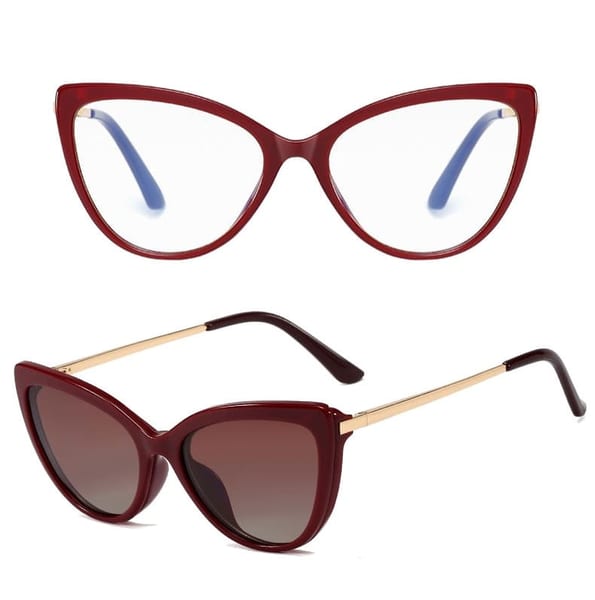 Bordowe damskie kocie okulary do komputera z nakładką przeciwsłoneczną Clip-on 2593-4