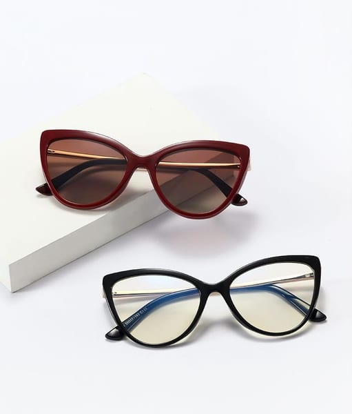 Bordowe damskie kocie okulary do komputera z nakładką przeciwsłoneczną Clip-on 2593-4