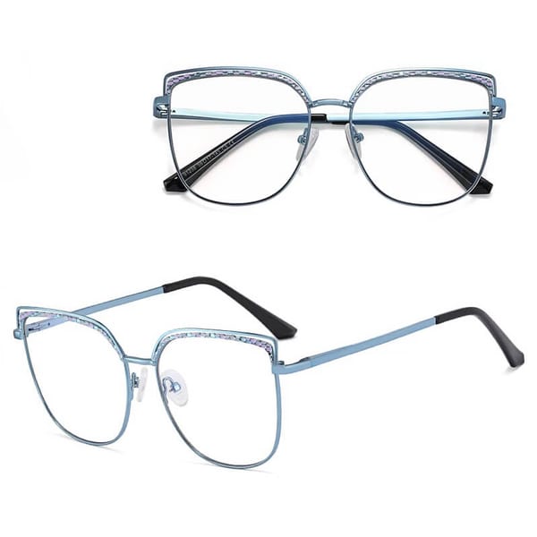 Damskie okulary kocie zerówki do komputera BLUE LIGHT z fleksami 25153E Niebieski