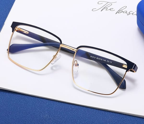 Metalowe męskie okulary zerówki z filtrem Blue Light do komputera 25141C granatowe/złote + akcesoria