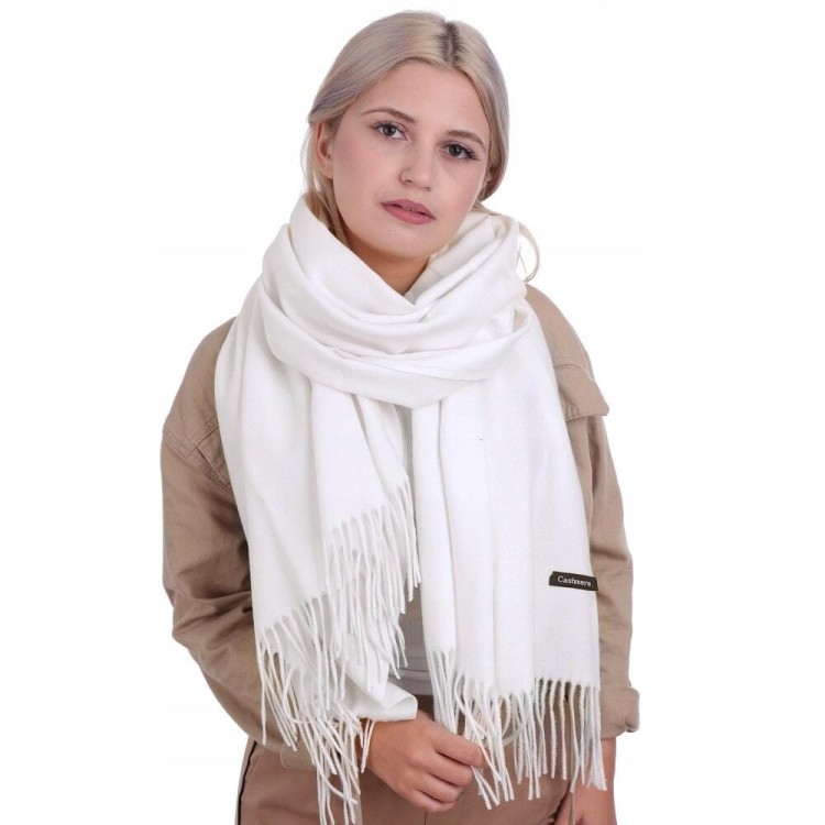 Biały Szalik damski duży Cashmere frędzle SZA-08
