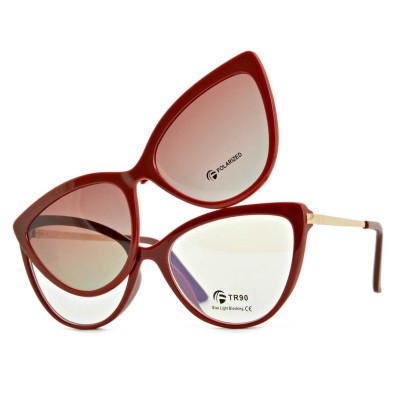 Bordowe damskie kocie okulary do komputera z nakładką przeciwsłoneczną Clip-on 2593-4