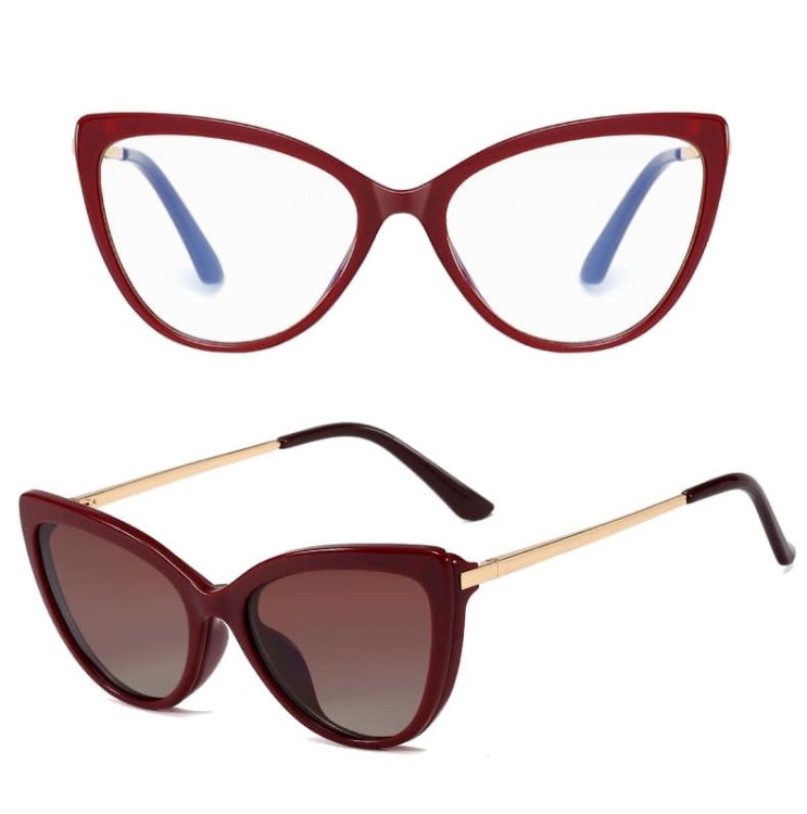 Bordowe damskie kocie okulary do komputera z nakładką przeciwsłoneczną Clip-on 2593-4