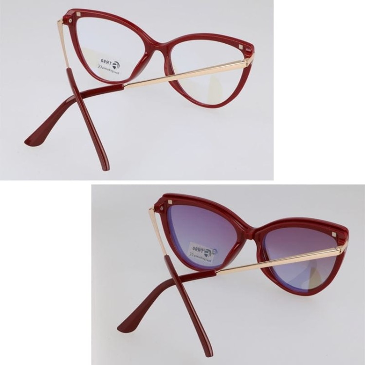 Bordowe damskie kocie okulary do komputera z nakładką przeciwsłoneczną Clip-on 2593-4
