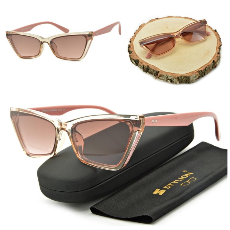 Szerokie pudrowe damskie okulary przeciwsłoneczne Exclusive kocie CO-384A