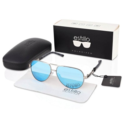 Męskie okulary pilotki przeciwsłoneczne z polaryzacją lustrzanki ESTILLO EST-615-10 silver/blue