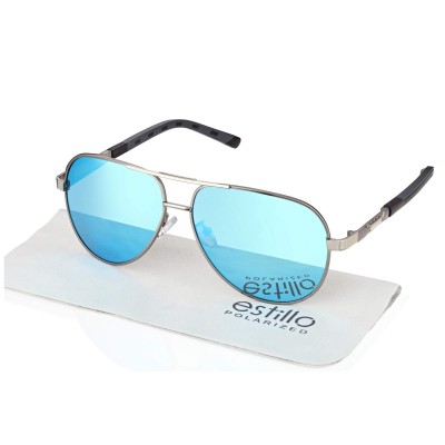 Męskie okulary pilotki przeciwsłoneczne z polaryzacją lustrzanki ESTILLO EST-615-10 silver/blue