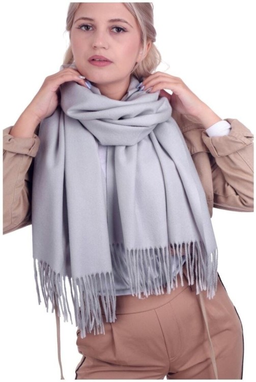 Szary szalik damski duży cashmere frędzle SZA-70