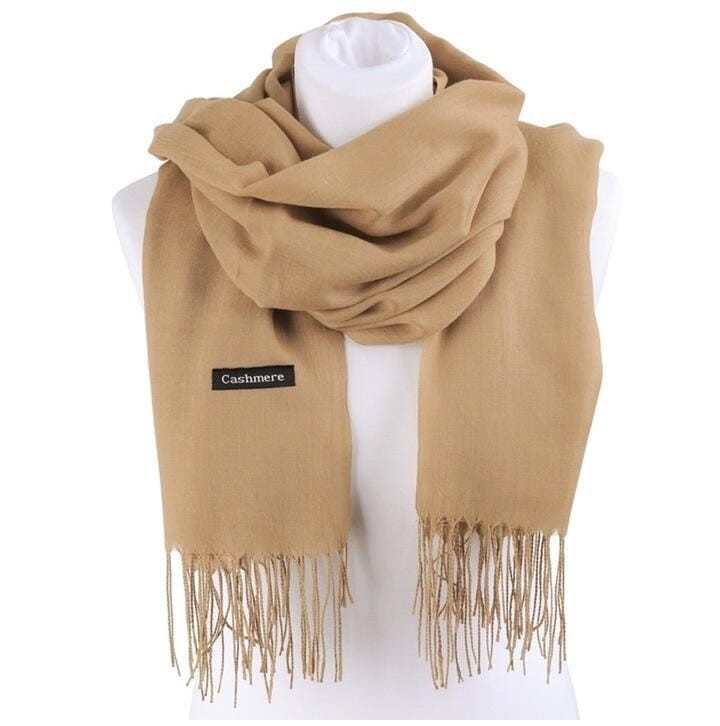 Karmelowy szalik damski gładki cashmere frędzle SZA-68