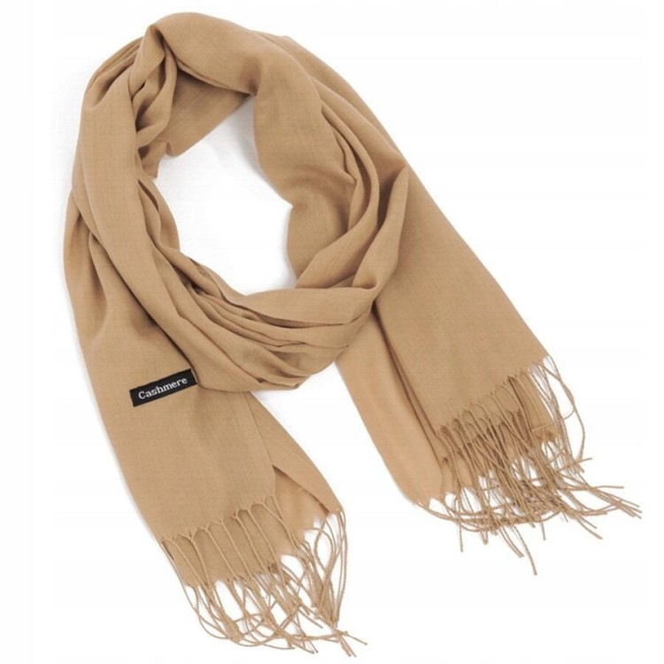 Karmelowy szalik damski gładki cashmere frędzle SZA-68
