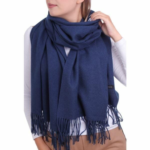 Ciemny granatowy Szalik damski duży cashmere frędzle SZA-77
