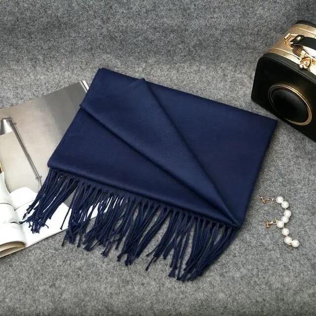 Ciemny granatowy Szalik damski duży cashmere frędzle SZA-77