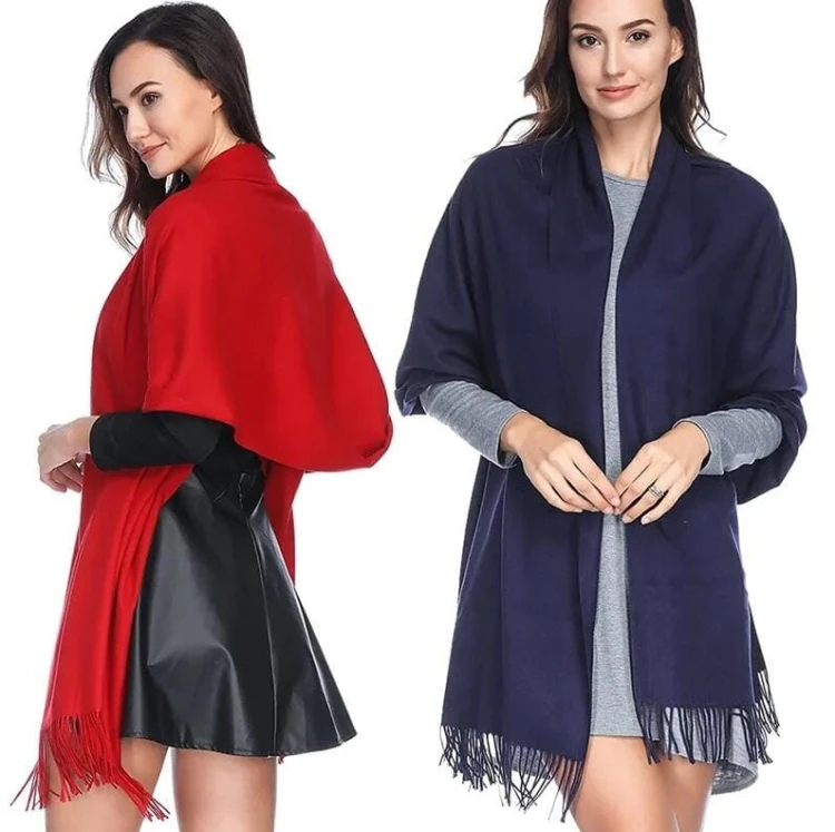 Ciemny granatowy Szalik damski duży cashmere frędzle SZA-77