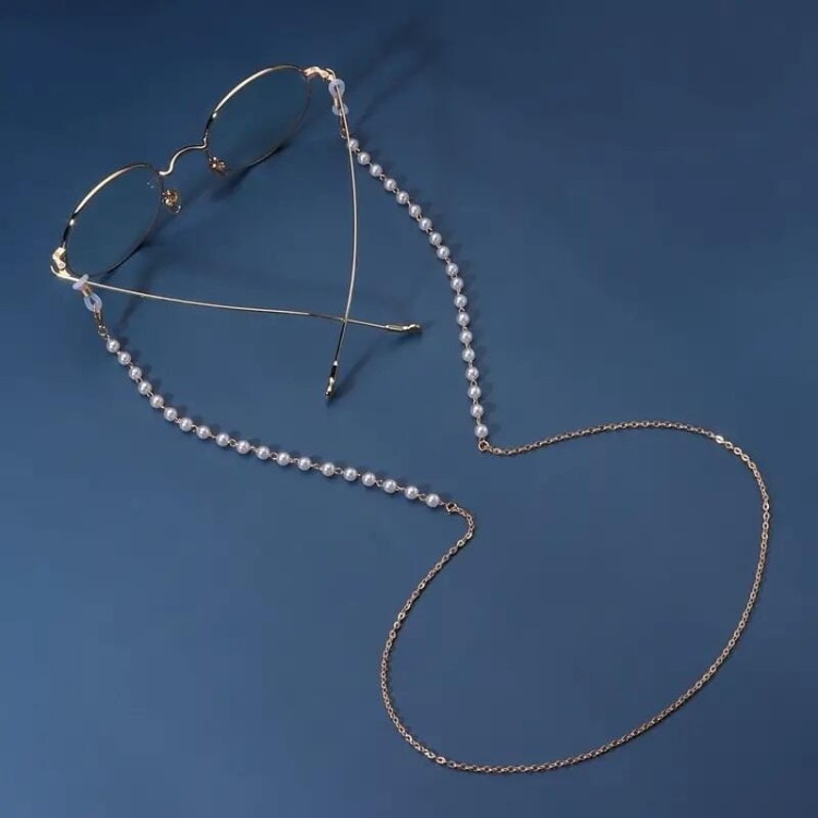 Łańcuszek ozdobny do okularów złoty w białe kuleczki, zawieszka, sznureczek SLA-03A