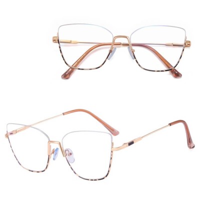 Damskie okulary półramki kocie zerówki do komputera BLUE LIGHT 25142A Złoty/Panterka