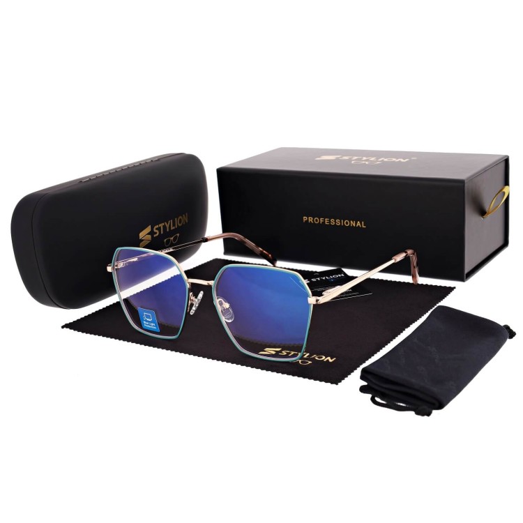 Damskie okulary PREMIUM +3.25 do czytania i komputera Blue Light+Antyrefleks STL285 złoty/zielony