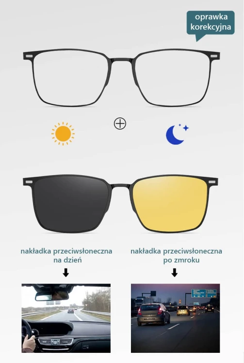 Męskie okulary z polaryzacyjnymi nakładkami przeciwsłoneczną i rozjaśniającą 25168A grafit