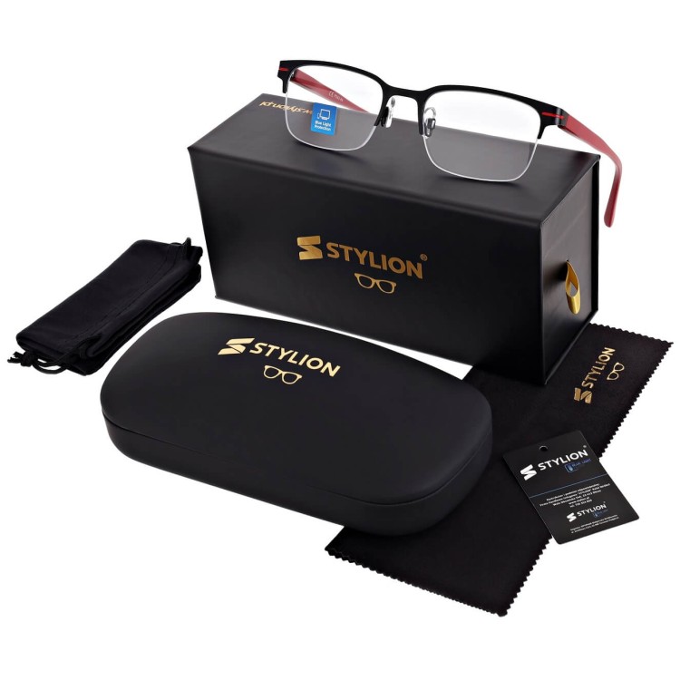 Męskie okulary +1.75 do czytania i komputera Blue Light+Antyrefleks STL281 czarny/czerwony