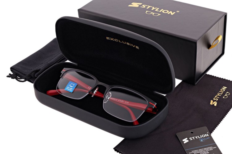 Męskie okulary +1.75 do czytania i komputera Blue Light+Antyrefleks STL281 czarny/czerwony