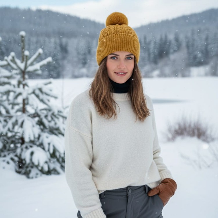 Damska czapka zimowa z pomponem musztardowa ST-564E