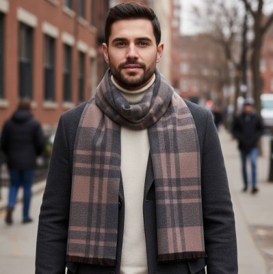 Ciepły miły w dotyku szalik męski w kratę SZA-66 beżowy