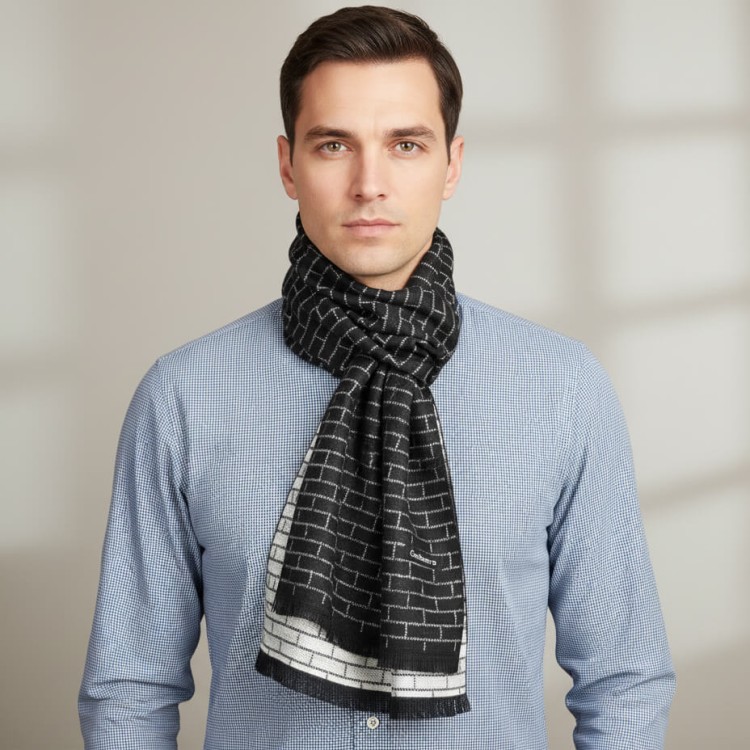 Ciepły Cashmere szalik męski geometryczny SZA-31 czarno-biały