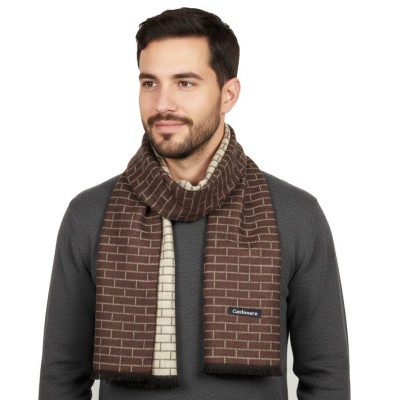 Ciepły Cashmere szalik męski w cegiełkę SZA-33 brązowy/kremowy