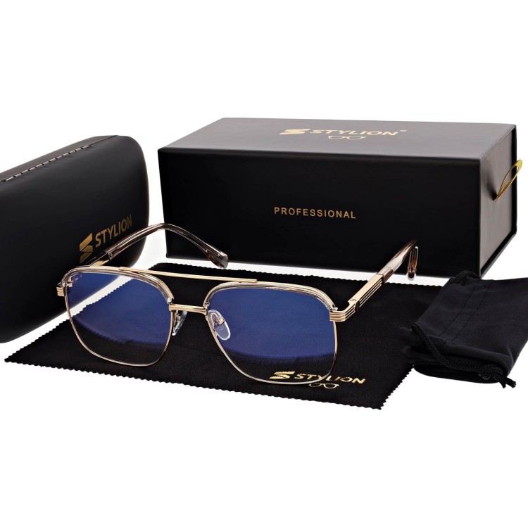 Okulary pilotki zerówki z filtrem Blue Light 25177C beż/złoty