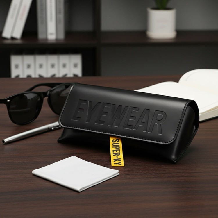 Czarne etui okularowe na magnes EYEWEAR z żółtą tasiemką + Ściereczka do czyszczenia na biurku.jpg