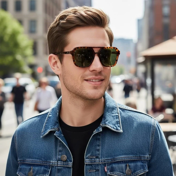 Męskie okulary przeciwsłoneczne z polaryzacją pilotki MP174C panterka/zielony